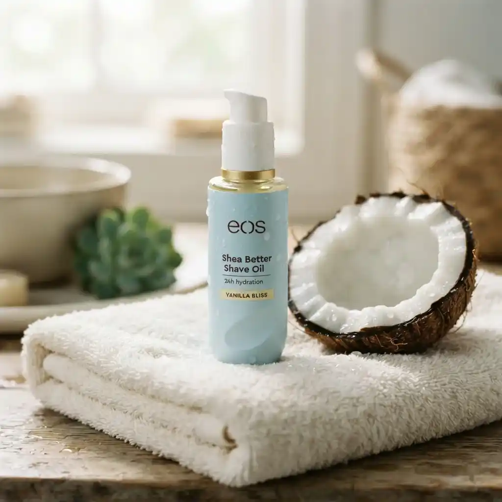 eos Cashmere Shave Oil Coconut Waters bottle on a white towel