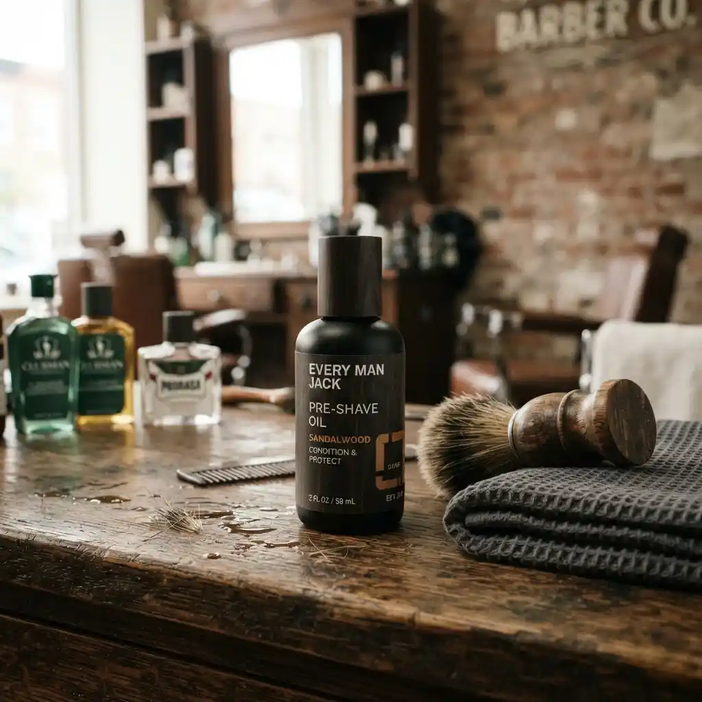 Every Man Jack Cedarwood pre-shave oil bottle next to a shaving brush