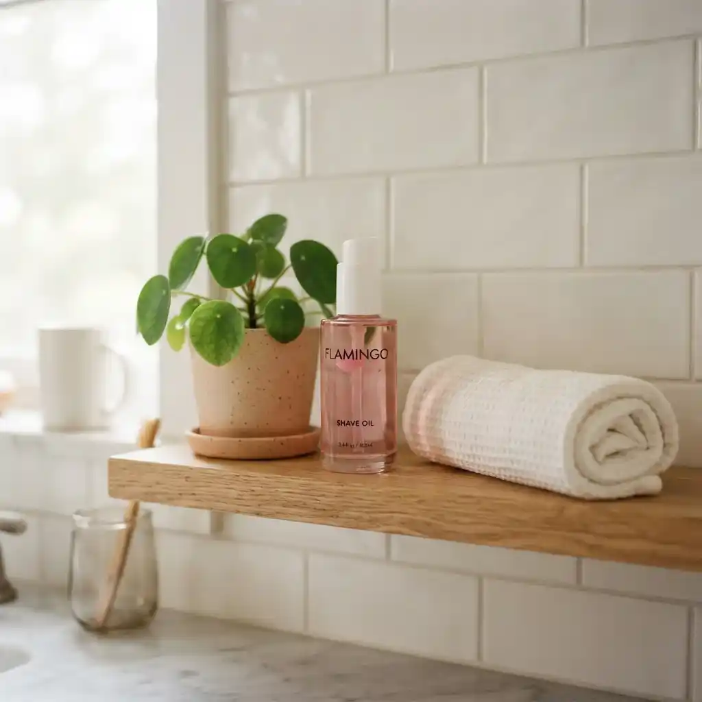 Flamingo Nourishing Shave Oil bottle on a bathroom shelf