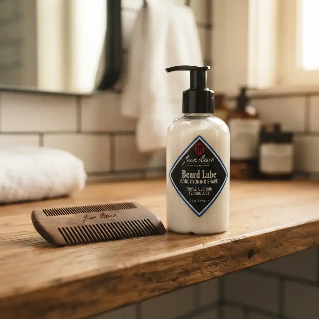 Jack Black Beard Lube Conditioning Shave pump bottle on a wooden shelf