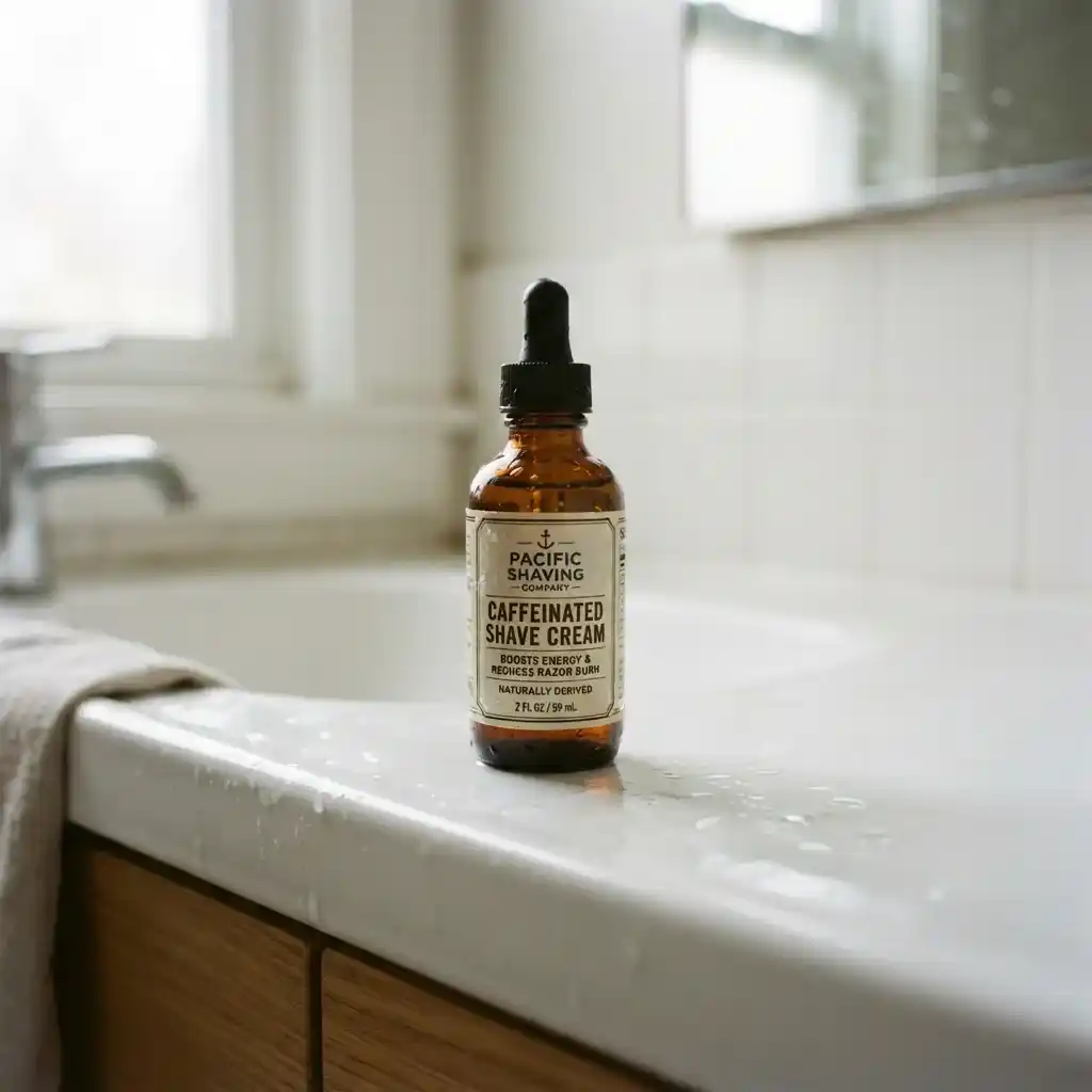 Pacific Shaving Company Natural Shaving Oil bottle on a bathroom sink