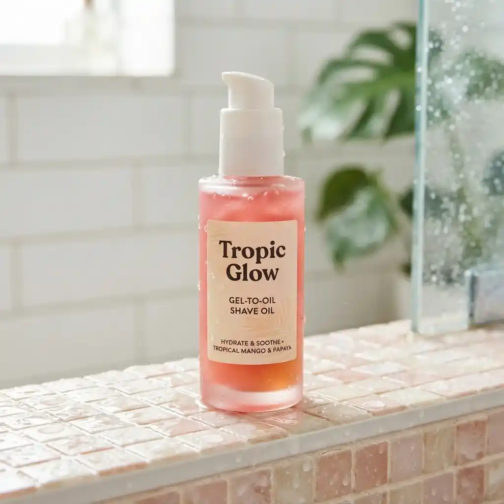 Tree Hut Tropic Glow moisturizing shave oil bottle on a shower ledge