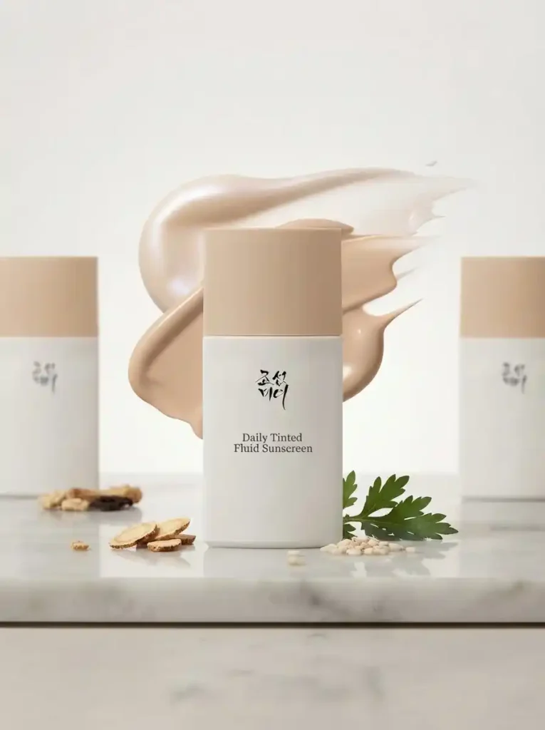 Beauty of Joseon Daily Tinted Fluid Sunscreen SPF 40 bottle with tinted cream swatch