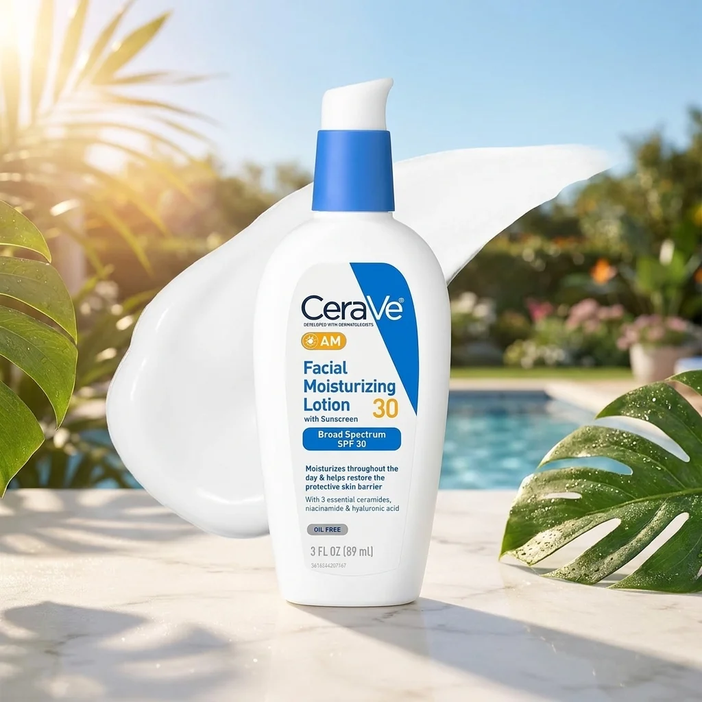 CeraVe AM facial moisturizer bottle with SPF 30 by poolside greenery