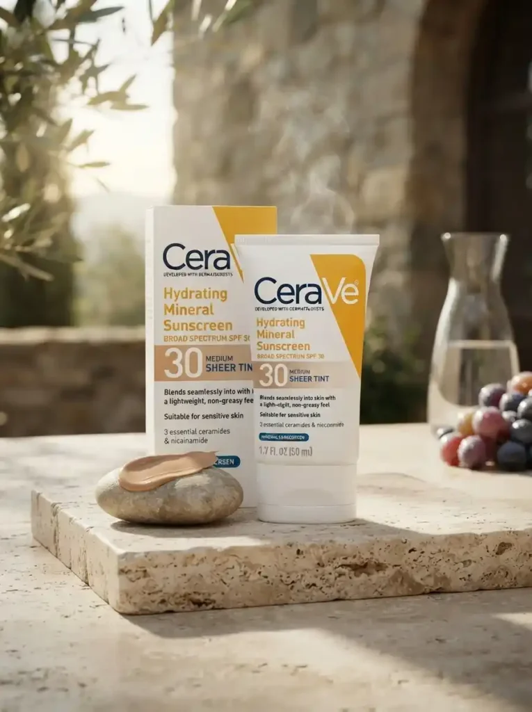 CeraVe Hydrating Mineral Sunscreen with Sheer Tint SPF 30 tube and box on stone surface
