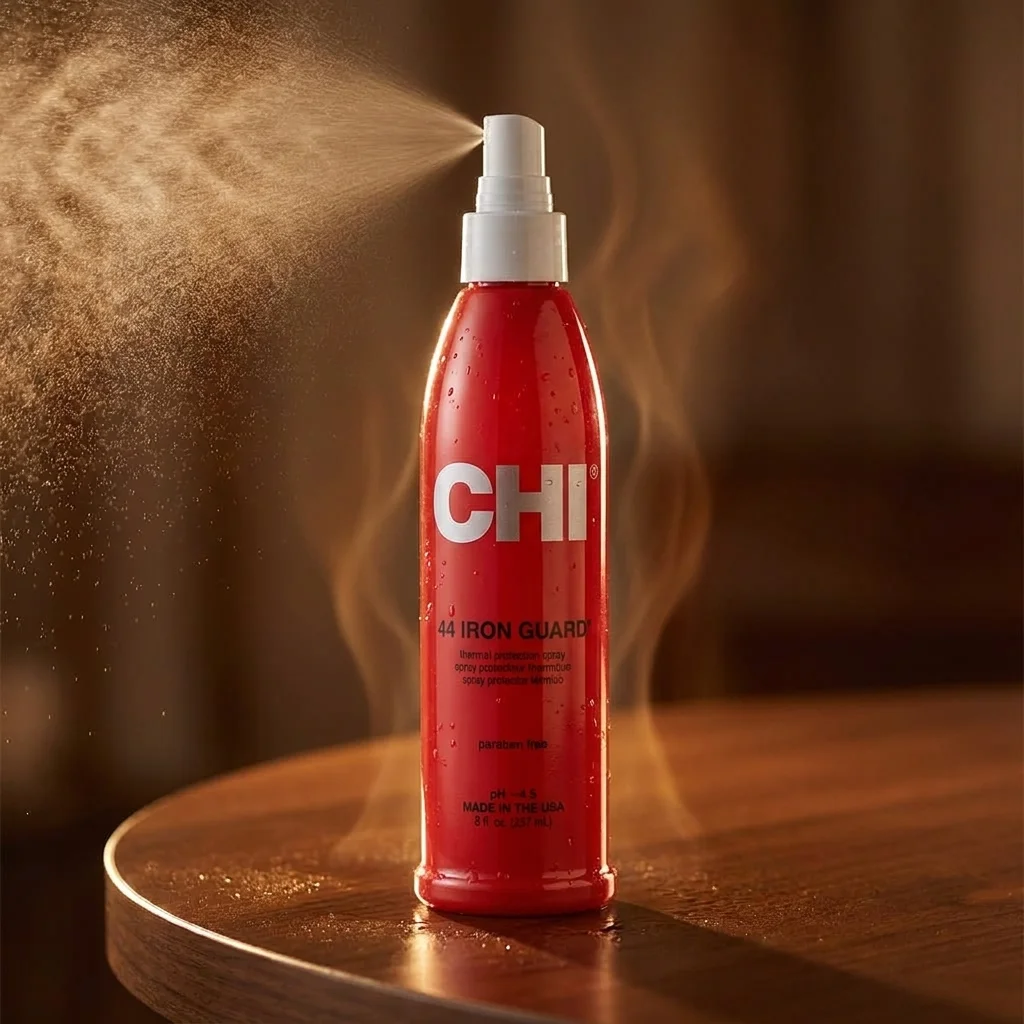 Red CHI 44 Iron Guard spray bottle misting on wooden table