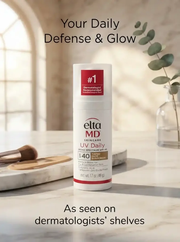 EltaMD UV Daily Tinted Face Sunscreen SPF 40 on marble counter with makeup brush