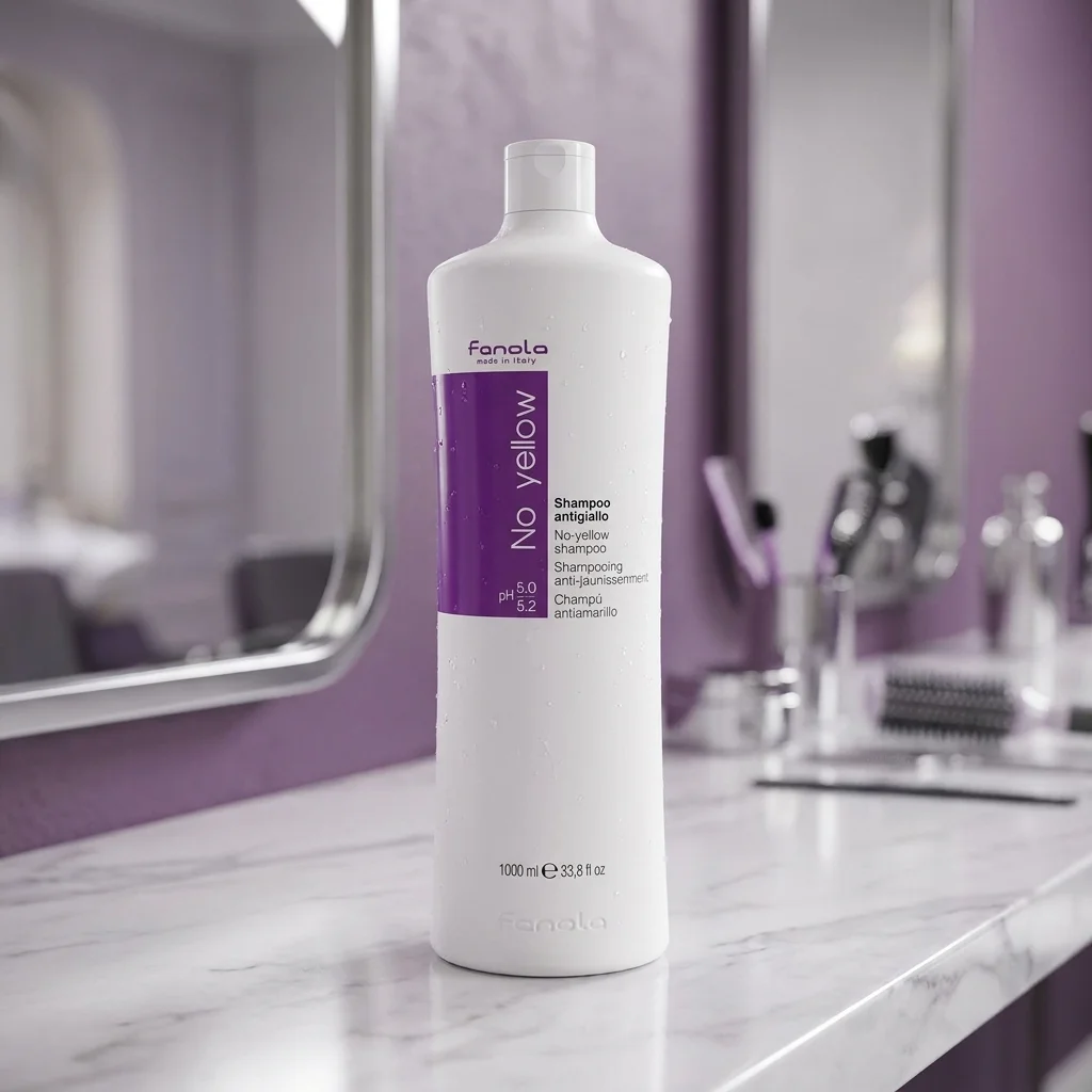 Fanola No Yellow purple shampoo bottle on marble bathroom sink for Look Younger with Gray Hair