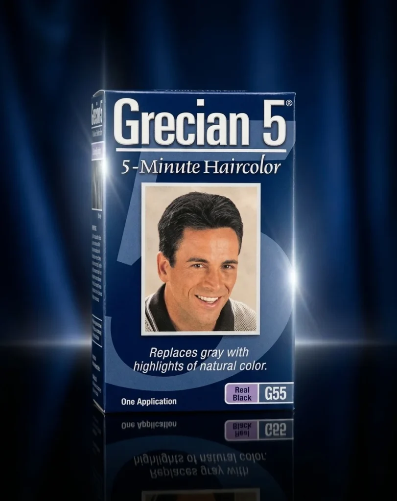 Grecian 5 five-minute hair color box with before-and-after gray coverage