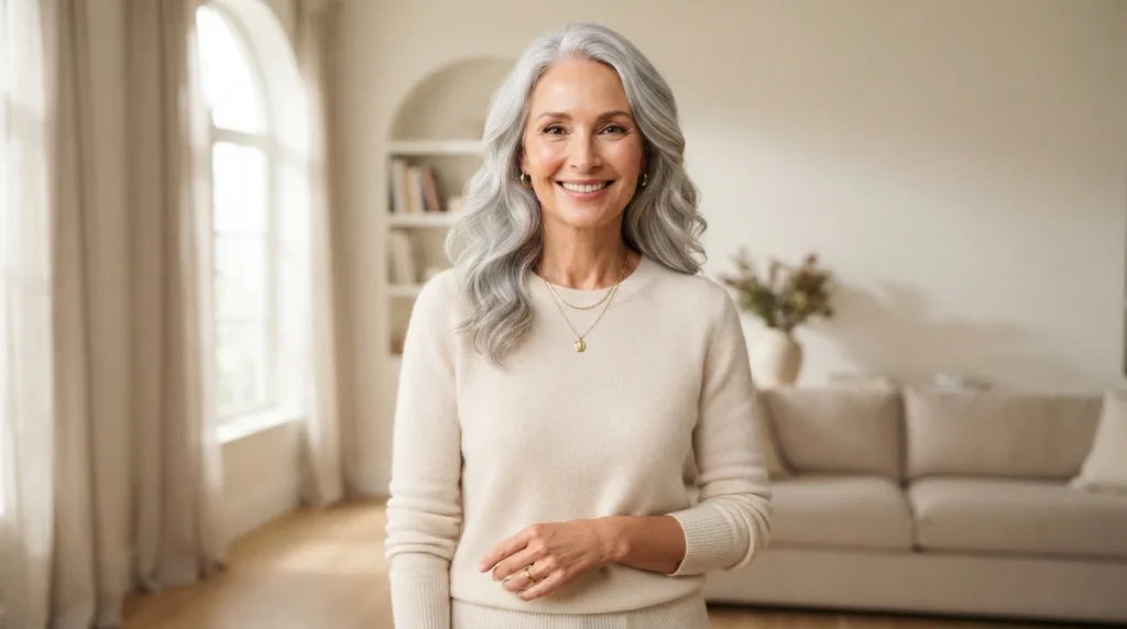 Woman with healthy shiny gray hair smiling confidently, showing tips to how look younger with gray hair
