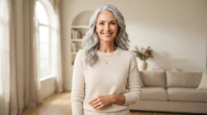 Woman with healthy shiny gray hair smiling confidently, showing tips to look younger with gray hair