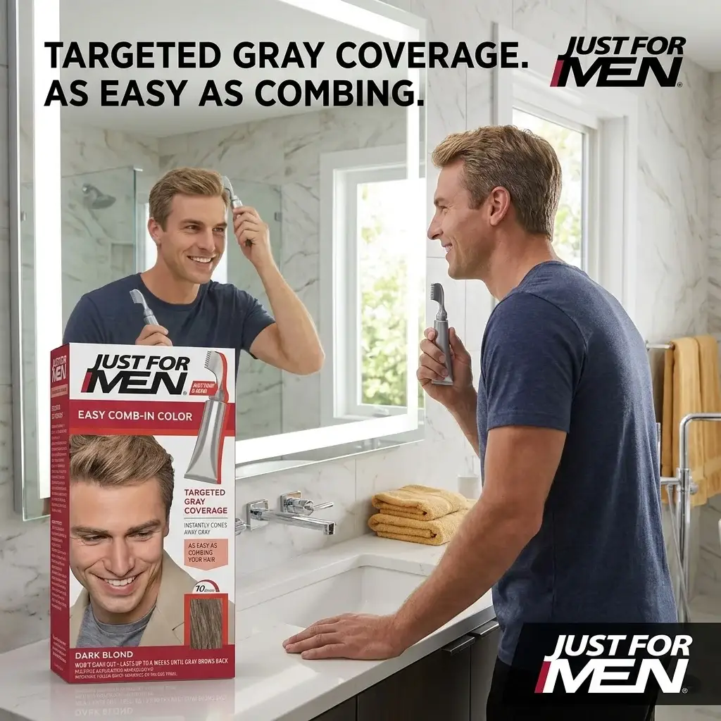 Man applying Just For Men AutoStop comb-in color in bathroom mirror