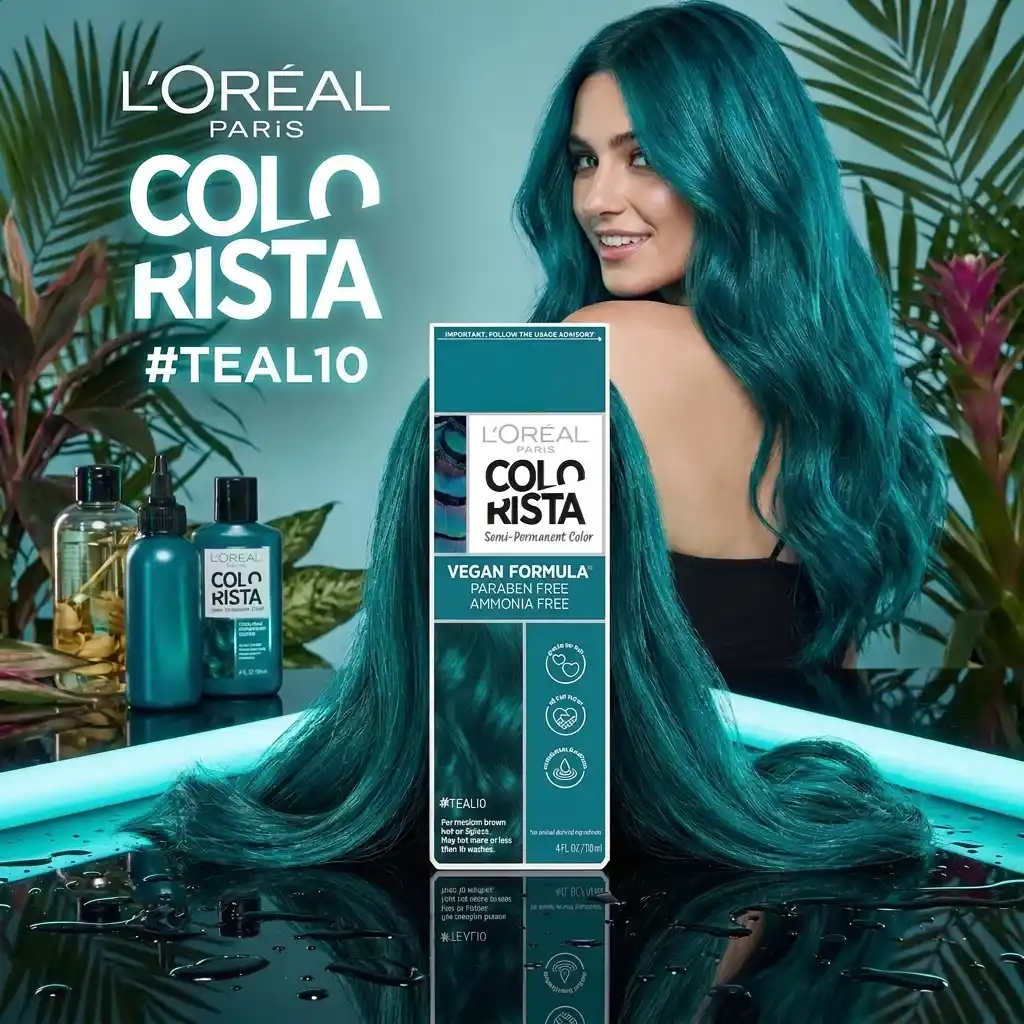 Woman with teal semi-permanent hair color holding Colorista box