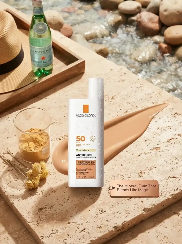 La Roche-Posay Anthelios Mineral Tinted Light Fluid SPF 50 bottle by poolside