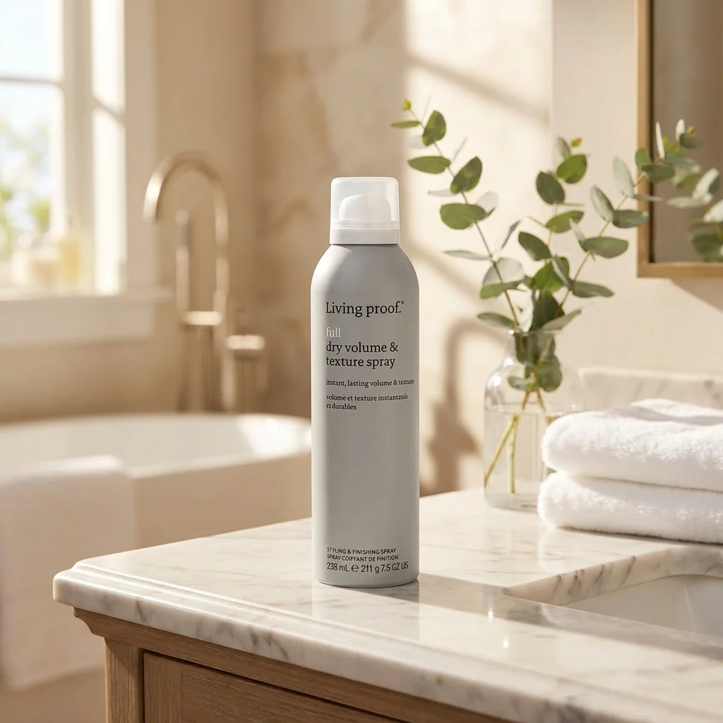 Living Proof volumizing spray bottle on marble bathroom counter