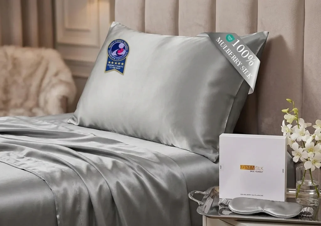 Silver mulberry silk pillowcase on bed with ZIMASILK gift box