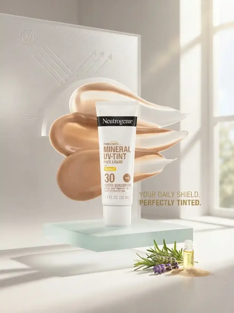 Neutrogena Purescreen+ Mineral UV Tint Face Liquid SPF 30 tube with tinted swatches