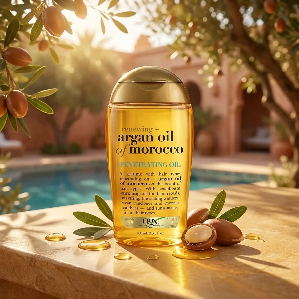 OGX argan oil serum bottle beside argan nuts near poolside