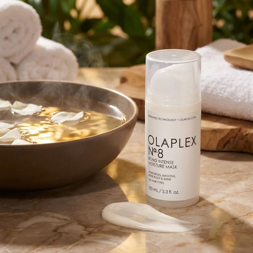 Olaplex No. 8 hair mask jar with creamy texture swatch on marble counter