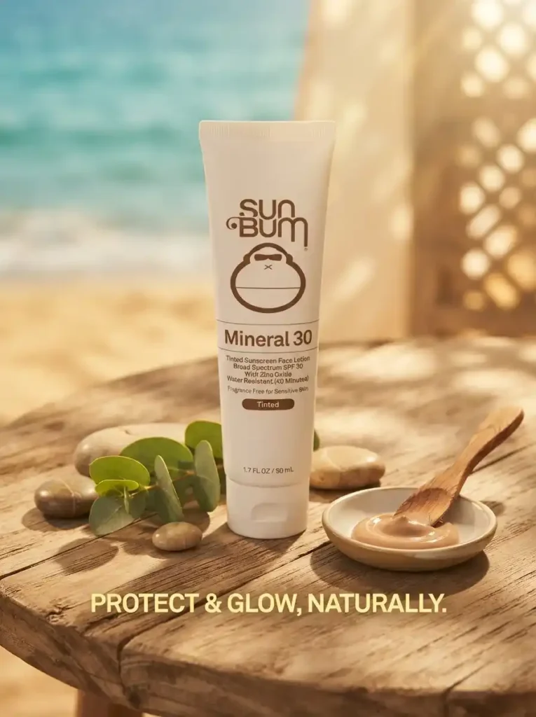Sun Bum Mineral 30 Tinted Sunscreen Face Lotion tube on wooden table by the beach