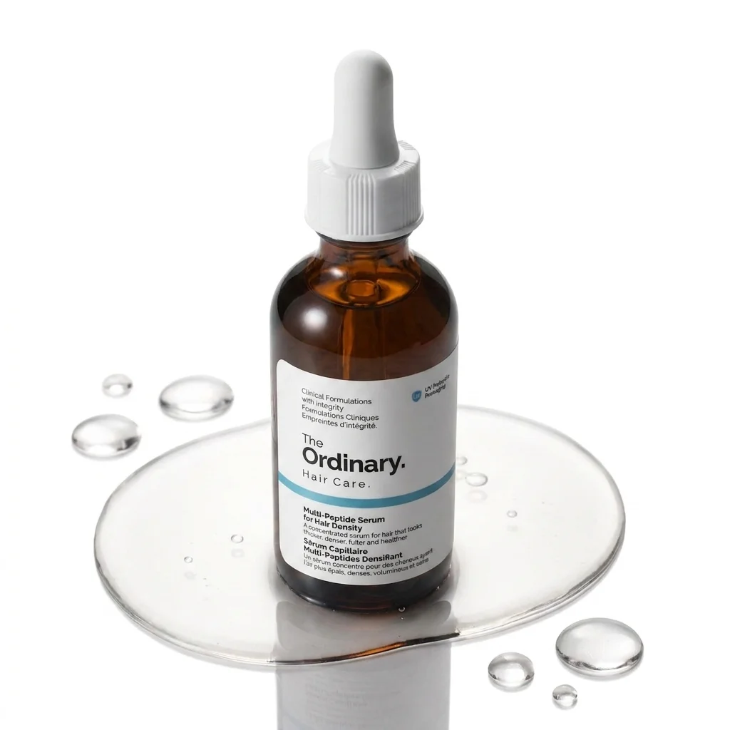 Amber dropper bottle of The Ordinary hair density serum on wet surface