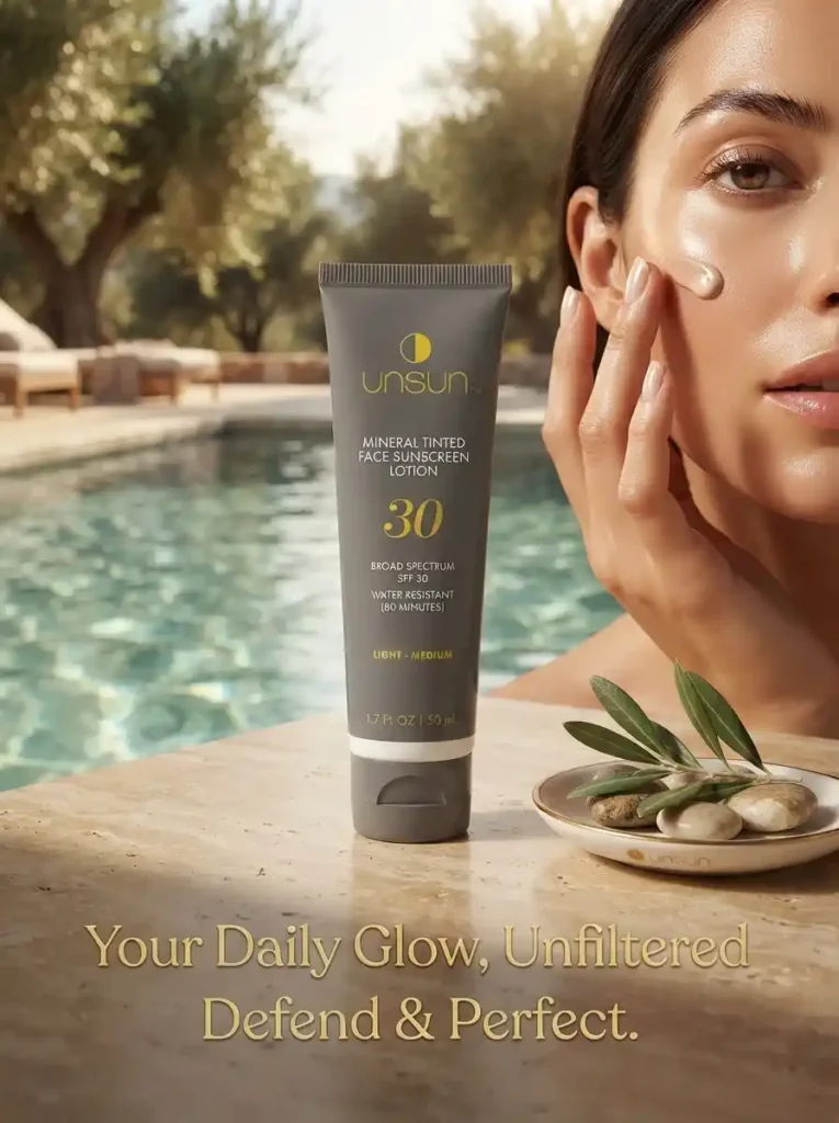 Woman applying Unsun Mineral Tinted Face Sunscreen SPF 30 poolside, no white cast