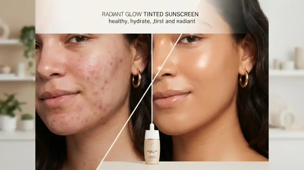 Before and after comparison showing skin tone improvement using the best tinted sunscreen for face