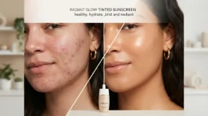 Before and after comparison showing skin tone improvement using the best tinted sunscreen for face