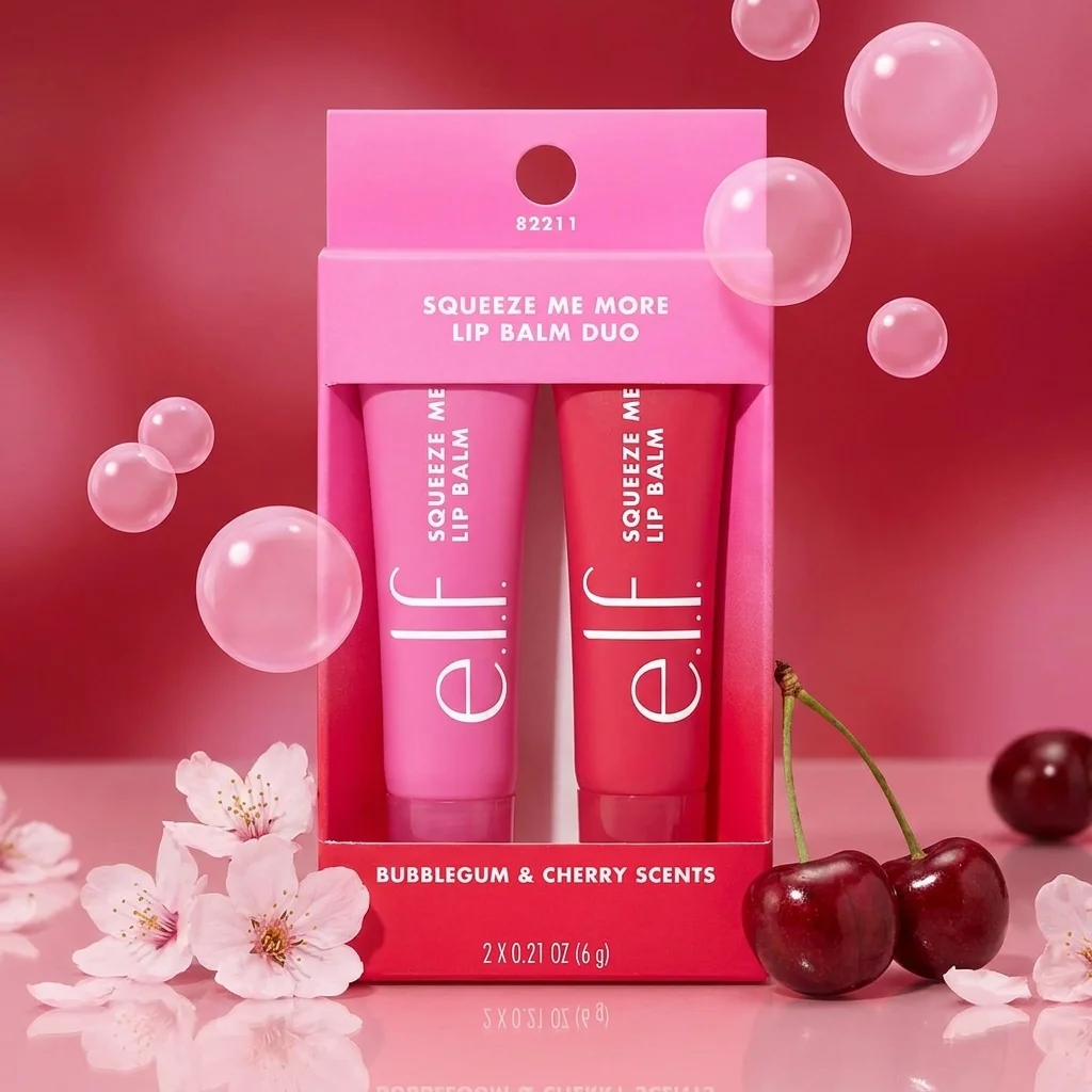 Pink and red e.l.f. lip balm duo box with cherry blossoms and cherries