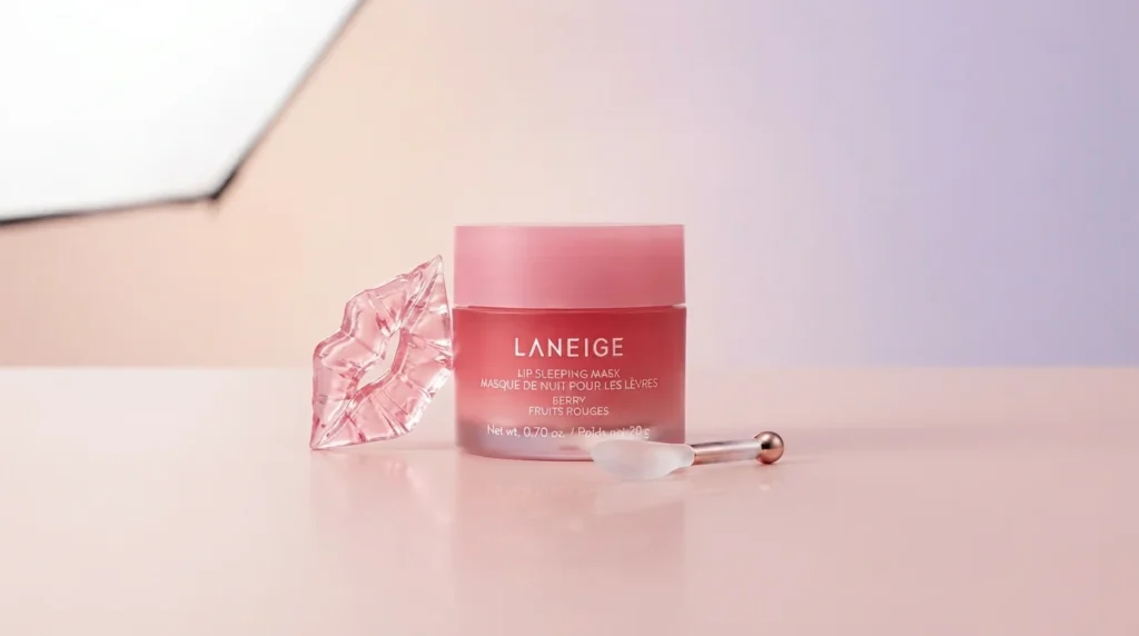 Laneige Lip Sleeping Mask jar on a pink flat-lay background, part of a nighttime lip care routine