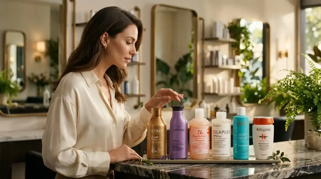 Woman in a cream blouse browsing six Best Department Store Dry Hair Hydrating Shampoo bottles lined up on a marble counter