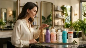 Woman in a cream blouse browsing six Best Department Store Dry Hair Hydrating Shampoo bottles lined up on a marble counter
