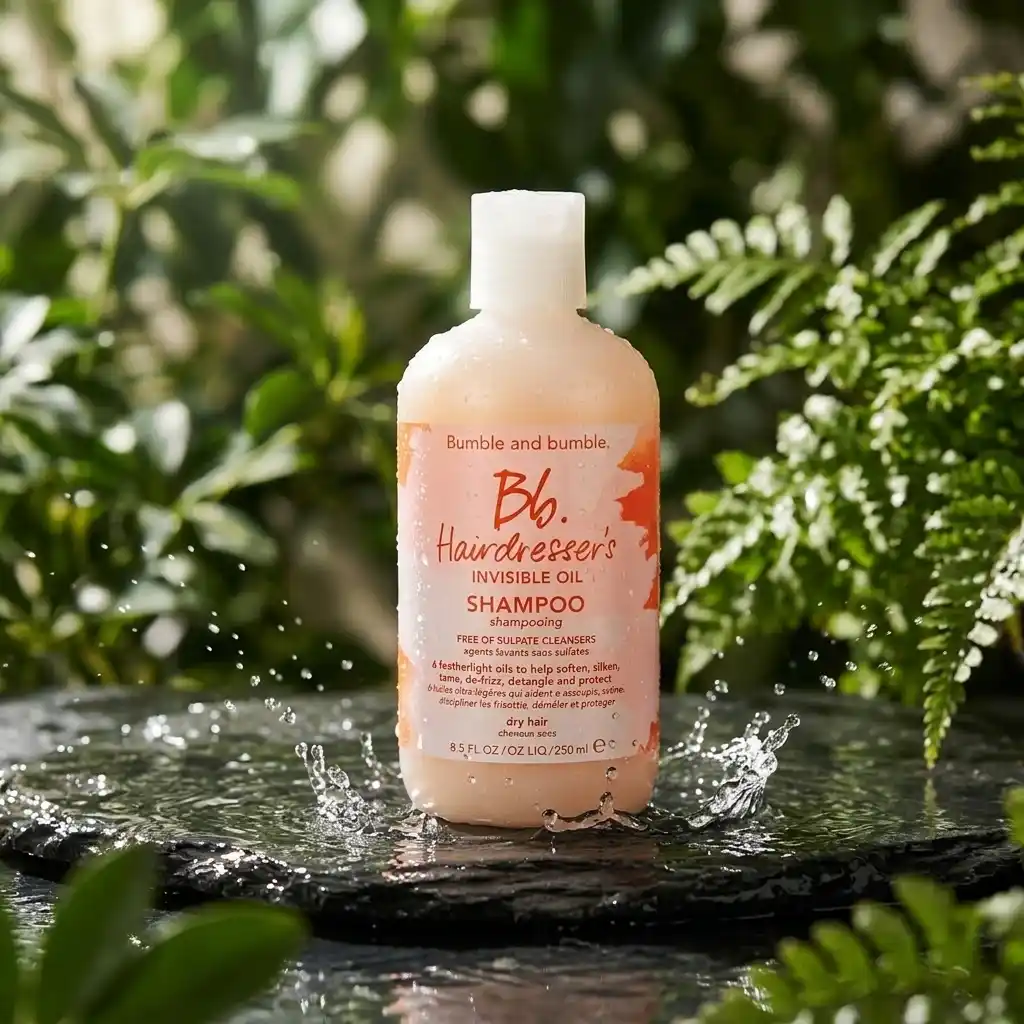 Peach Bumble and bumble Hairdresser’s Invisible Oil Shampoo bottle on wet stone surrounded by ferns and water splashes