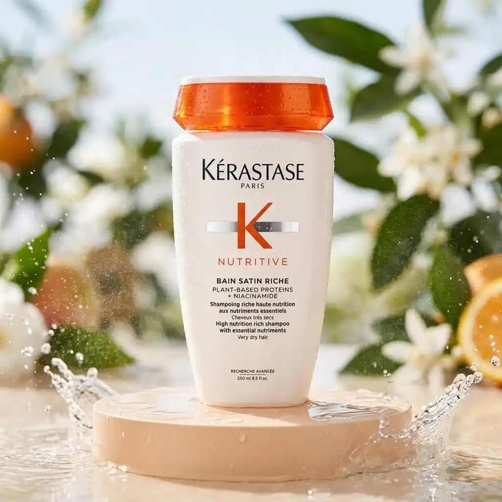 White Kérastase Nutritive Bain Satin Riche bottle with an orange cap on a peach stand with water splashes and white blossoms