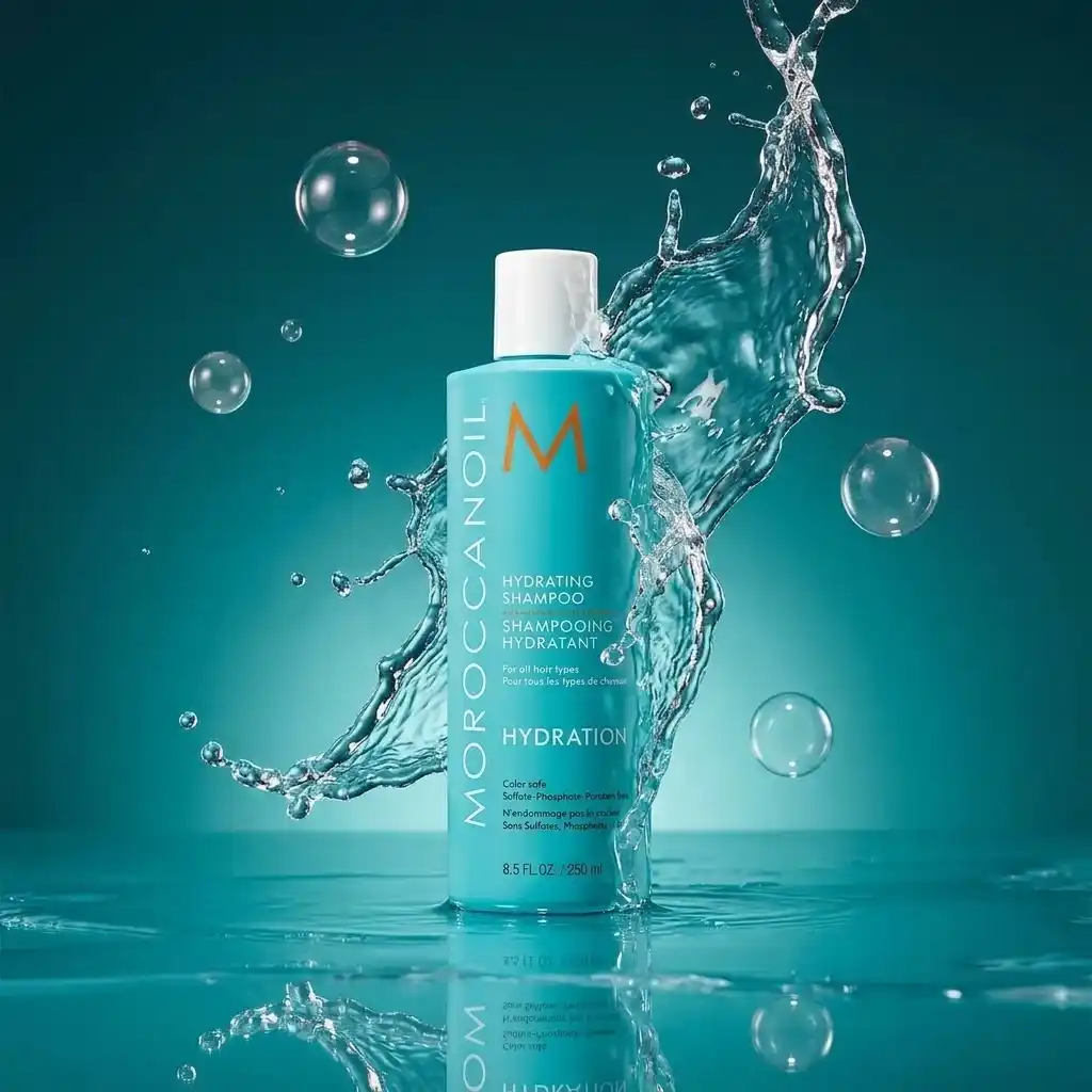Teal Moroccanoil Hydrating Shampoo bottle with a water splash and floating bubbles