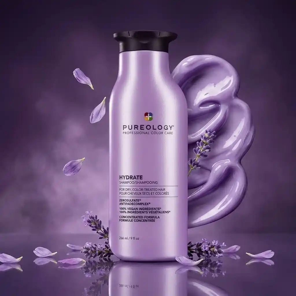 Lavender Pureology Hydrate shampoo bottle with lavender sprigs and petals on a purple background