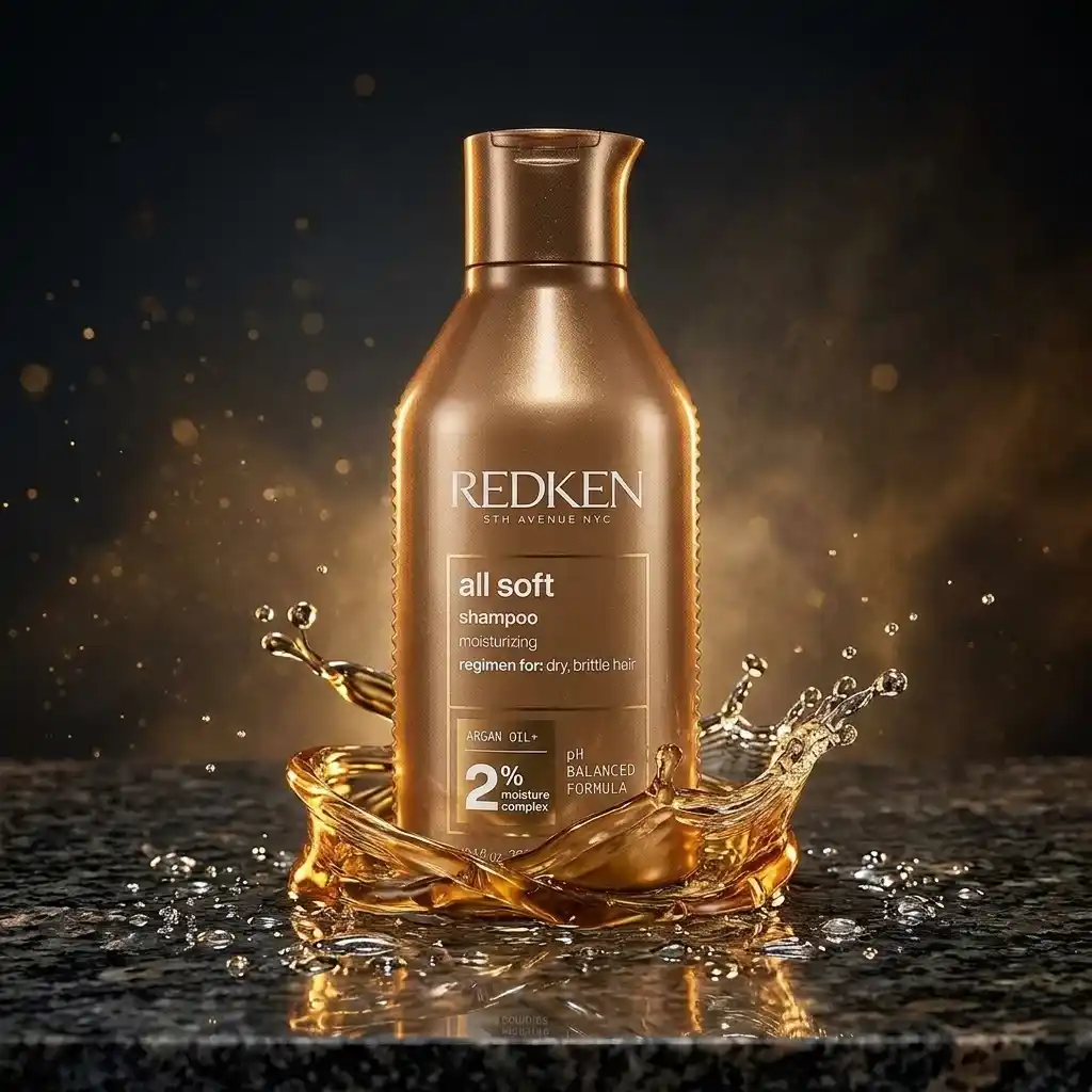 Gold Redken All Soft shampoo bottle with a golden oil splash on dark granite